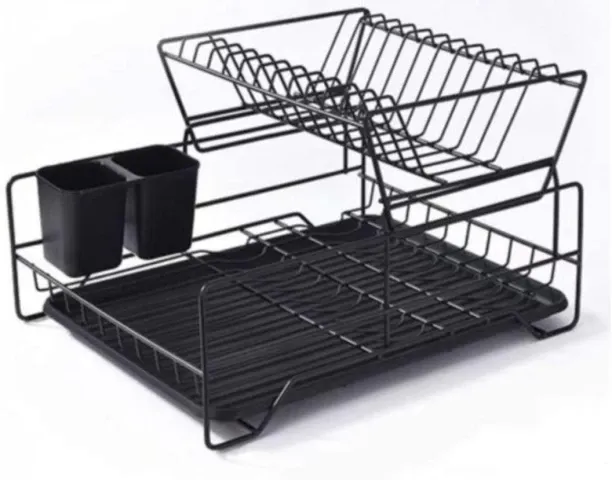 Generic 2-Tier Dish Drying Rack and Drainboard Set with a cutlery holder Steel, Plastic Cutlery Dra…