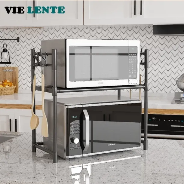 Huanix (2 Layer-Black)Kitchen Storage Rack Multi-Layer Microwave Rack Simple Standing Countertop Co…