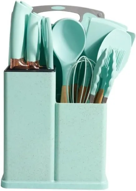 shewa 19 Piece Silicone Kitchen Set with Knives, Cutting Board and Storage Rack - Green Silicone Co…