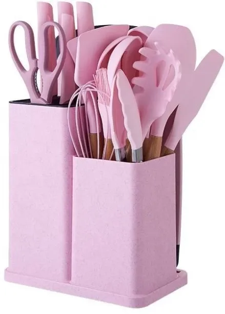 Kitchenware Silicone Kitchenware Kit 19 Pieces Knife & Spoon Set With Storage Rack - Pink Silicone …