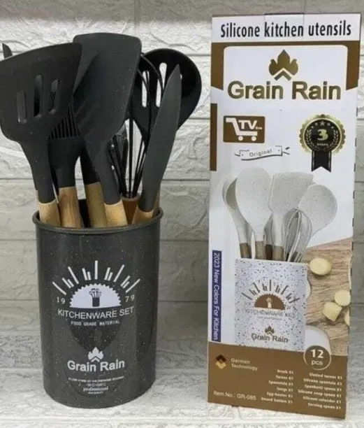 Grain Rain Kitchenware Set Wood, Rubber Brush, Cooking Spoon, Ladle, Tong, Spatula, Whisk Kitchen T…