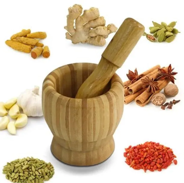 fancystuff Kitchen Wooden Bamboo Mortar & Pestle Set Herb Hand Grinder Wood Crusher Kitchen Tool Set