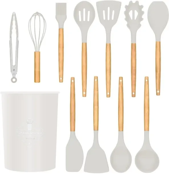 Generic 12-piece non-stick pan cooking wooden handle silicone kitchenware round bucket set Silicone…
