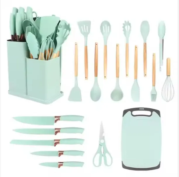 EverythingMART 19 pc Light Green Silicone Cooking Utensil Set Silicone, Wood Brush, Cooking Spoon, …