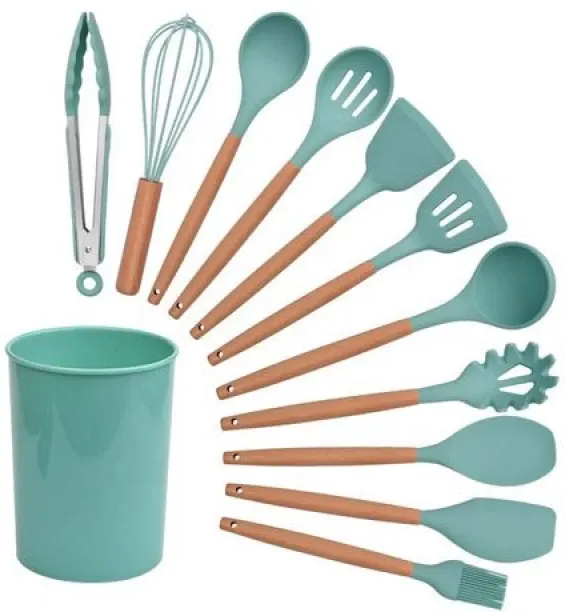 JOZI TRADE 12 Piece Non-Stick Silicone Cooking Utensil Set with Natural Wooden Handles - Mint Green…