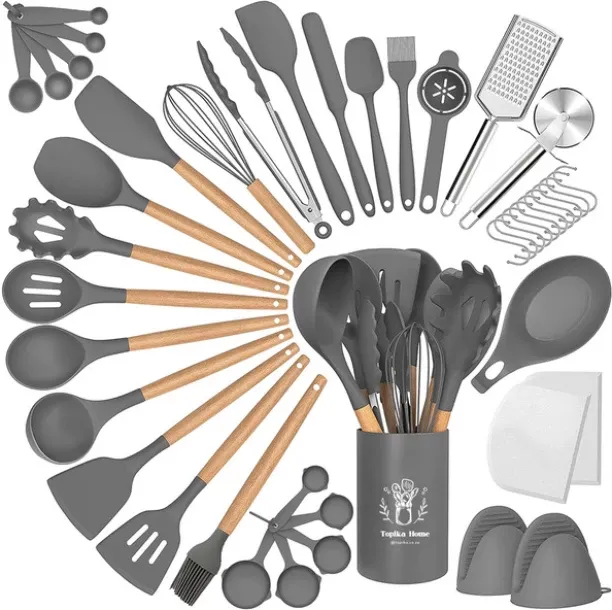 Topika Silicone Kitchen Utensils Set 44-piece with Wooden Handles & Holder Silicone Cooking Spoon, …