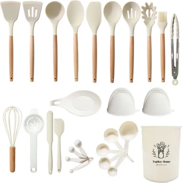 Topika Silicone Non-Stick Kitchen Utensil tool Set with Holder, 27pcs white Silicone Cooking Spoon …