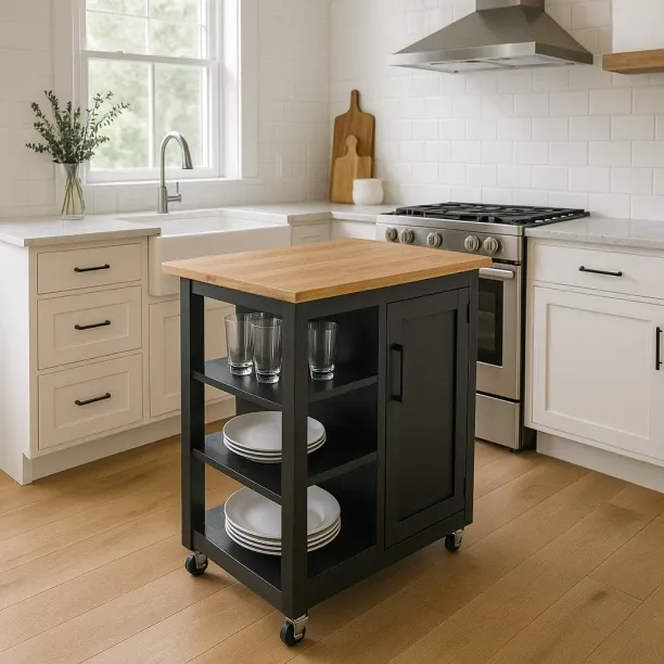 Simplify Living Mini Kitchen Island - Modnest trolley - Black Wooden Kitchen Trolley