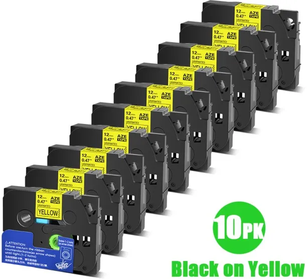 Huanix (12mm,Black on Yellow-10PK)Tze Laminated Tape Compatible for Lable Printer PT-210D Label Mak…