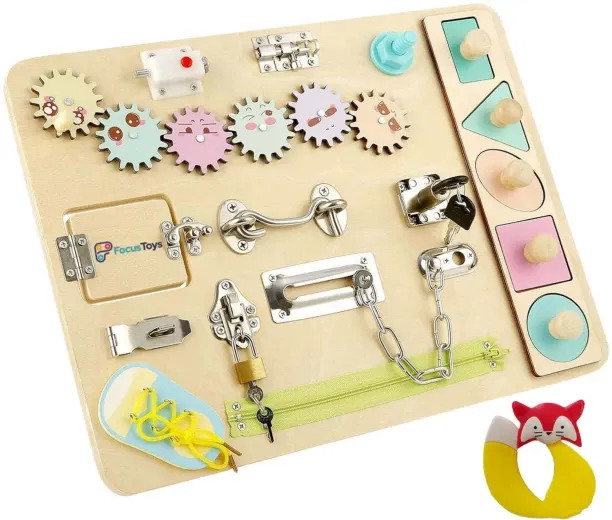FocusToys Wooden Montessori Busy Board Shapes Toys