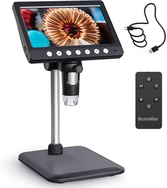 BezosMax 7'' LCD Digital Microscope with 5MP Camera, 50X-1200X Magnification & 1080P HD Coin Magnif…