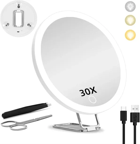 Hi Pansy 30X Magnifying Mirror with Light, Large 6'' Magnifying Makeup Mirror with Lights, 3 Suctio…