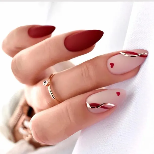 NEXUS Valentine’s Day Press On Nails Medium - Heart Red Gold Line Swirl Design Fake Nails Natural S…