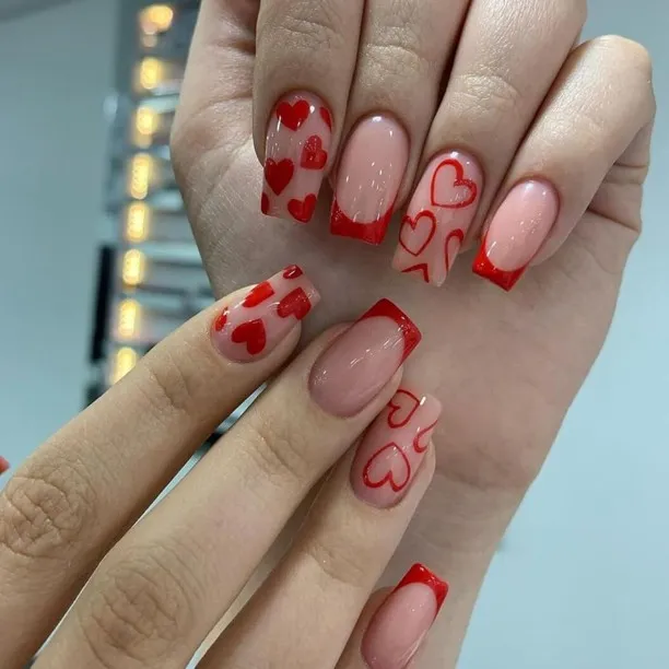 Lasonstiges 24Pcs Valentine's Day Press on Nails Medium Length Valentine's French Tip Fake Nails wi…
