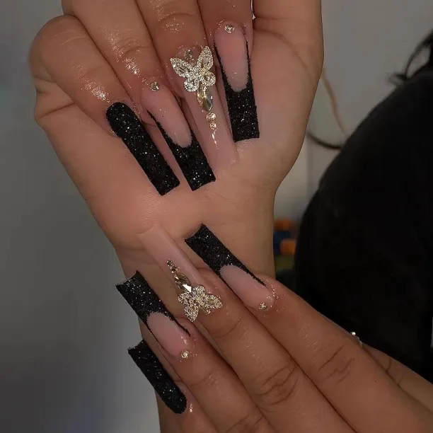 Hi Pansy Press on Nails Long Coffin Fake Nails Glossy Glue on Nails Black French Tip Acrylic Nails …