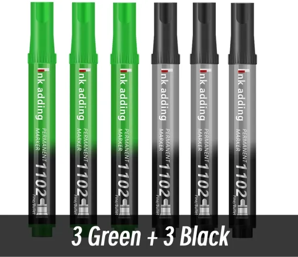 Huanix 3green 3black,2mm Red Blue Ink Black Permanent Marker Pens, Fine Tip, Back to school