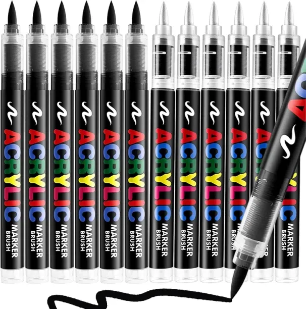 Huanix 6Black 6White,Blue Tone Acrylic Paint Pens Flexible Brush Tip Acrylic Markers for Back to sc…
