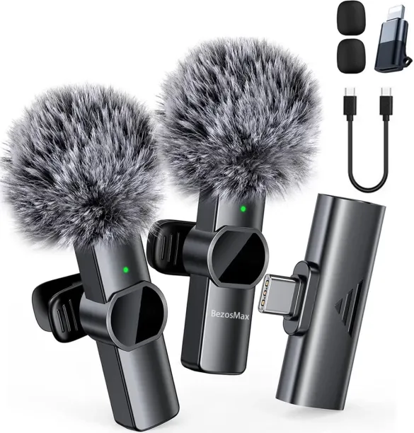 BezosMax Wireless Mini Microphone for iPhone Android, 2 Pack Lavalier Microphone with Noise Reducti…