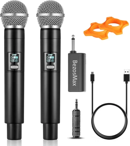 BezosMax 2Pcs Handheld Wireless Microphones System, 360° Pickup Rechargeable Dynamic Mic with LED D…