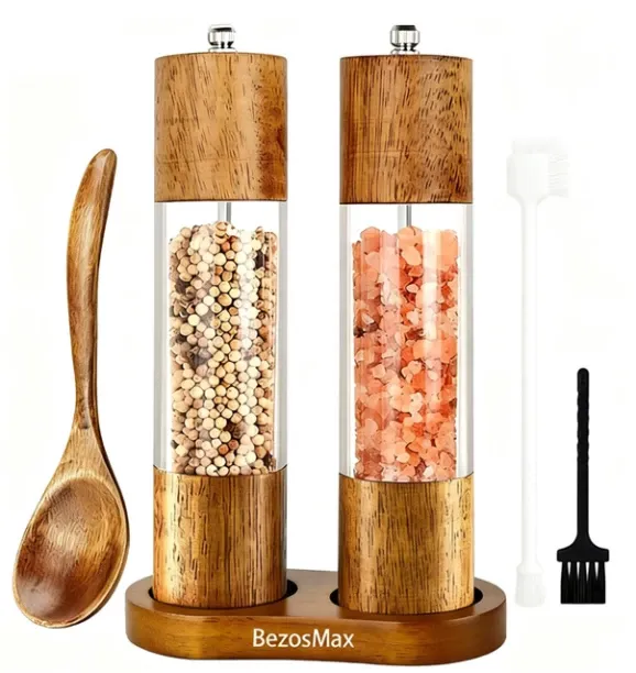 BezosMax 6 in 1 Salt and Pepper Grinder Set with Storage Base, Adjustable Wooden Pepper Mill with C…