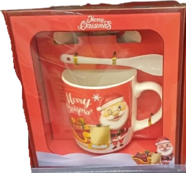 Ashcomonline Red Santa Gift cups with Ceramic Spoon Pottery Coffee Mug