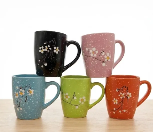 Hallo Set of 5 Speckled Ceramics with Floral Design Ceramic Coffee Mug