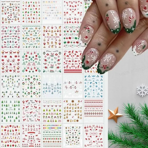 Lasonstiges 30Sheets Christmas Nail Art Sticker Decals 3D Self-Adhesive Snowflake Santa Claus Snowm…
