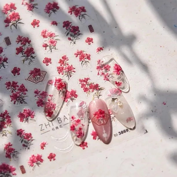 ZZP Spring Summer Nail Art Stickers 5D Self Adhesive Nail Decals Red Flower Nail Stickers for Nail …