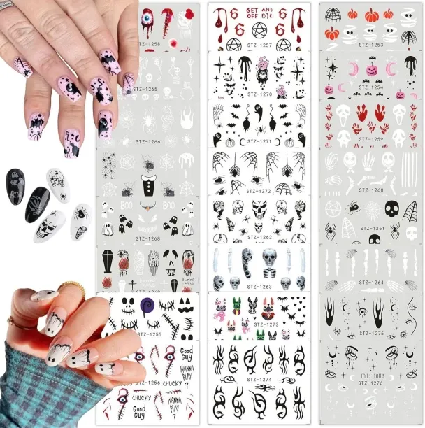 Lasonstiges Halloween Water Transfer Nail Art Stickers Halloween Nail Stickers with Ghost Bat Evil …