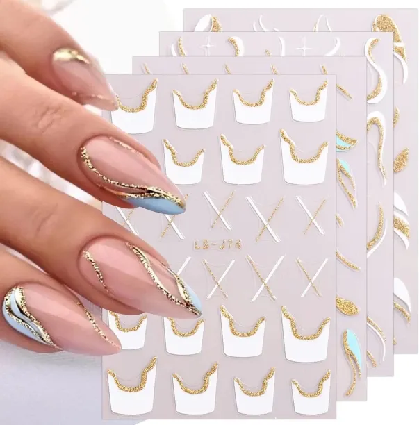 Lasonstiges 9 Sheets French Tip Nail Art Stickers Decals Self-Adhesive Pegatinas Uñas Colorful Wave…