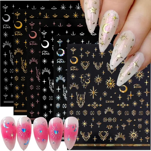 Lasonstiges 7 Sheets Metallic Moon Star Nail Art Stickers Sun Moon Nail Decals 3D Self-Adhesive Nai…