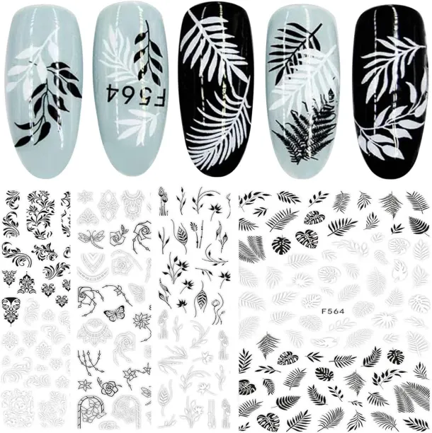 Lasonstiges 12 Sheets Black White Spring Flowers Nail Art Stickers Decals Self-Adhesive Pegatinas p…