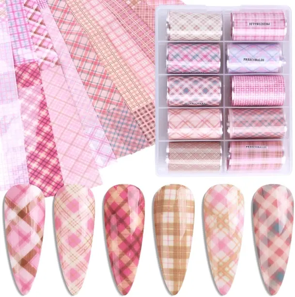 ZZP Plaid Nail Foil Transfer, 10 Rolls/Box Pink Plaid Nail Stickers Transfer Sheets Checkered Print…