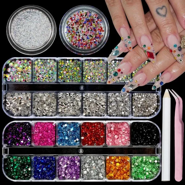 ZZP Nail Art Charms Colorful Nail Rhinestones Pink Blue AB Nails Gems Crystals Mixed Size Rhineston…