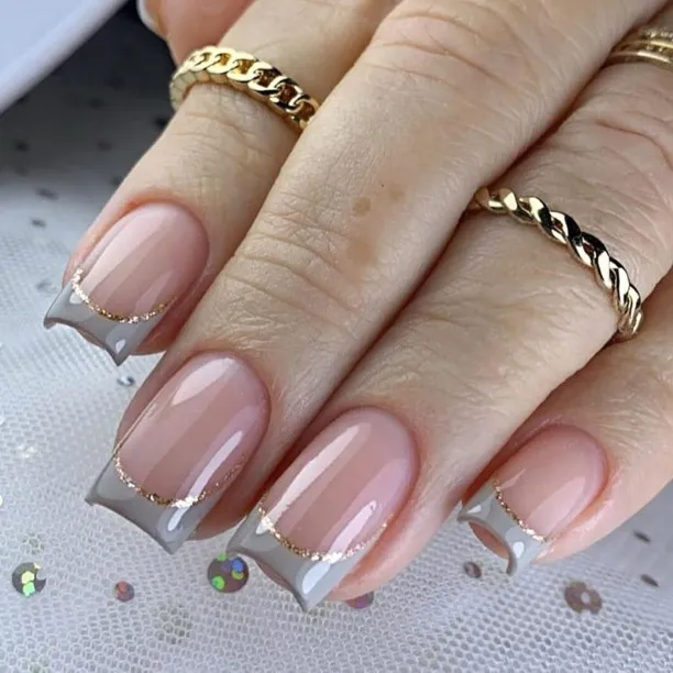 Lasonstiges Square Press on Nails Fake Nails Medium Coffin Length with Nude Gray Designs Full Cover…