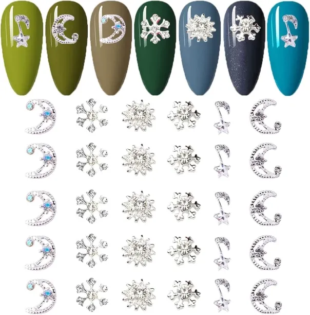 NEXUS 30pcs Stars Moons Nail Charms with Rhinestones Silver Snowflakes Nails Charms for Nail Art 3D…