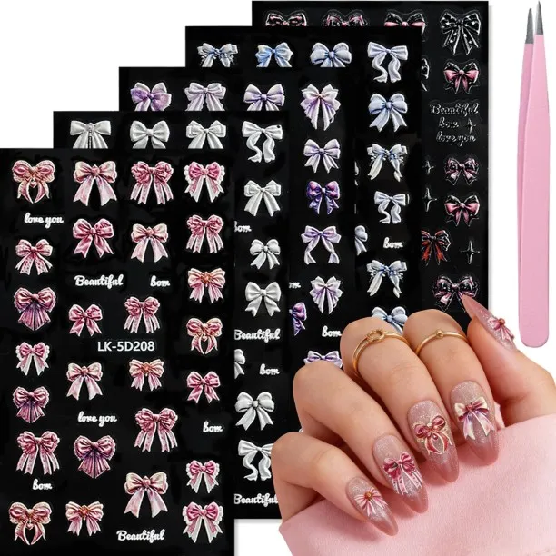 ZZP Bow Nail Art Stickers 5D Embossed Colorful Nail Decals Spring Summer 3D Self Adhesive Pink Purp…
