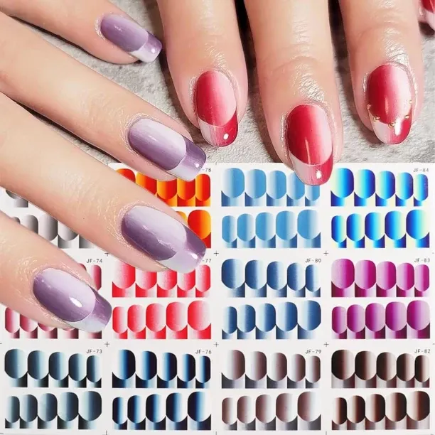 Lasonstiges French Manicure Nail Stickers 12 Sheets Full Cover Nail Wraps Vertical Ombre Nail Art W…