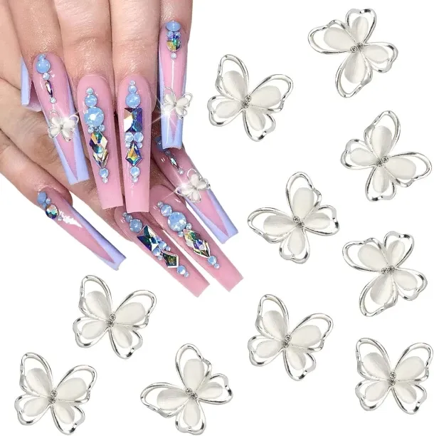 Lasonstiges 10pcs Butterfly Nail Charms Silver Cat Eyes Nail Gems 3D Metallic Butterfly Jewels Luxu…