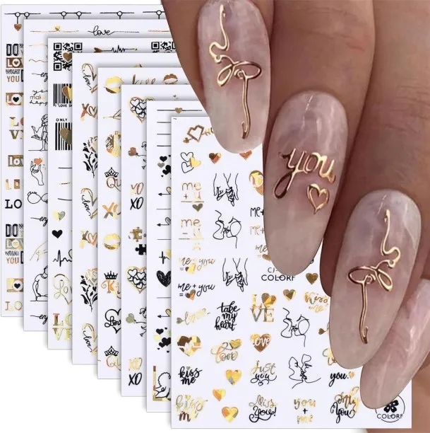 Lasonstiges 3D Valentine's Day Nail Stickers Heart Laser Black Gold Heart Nail Decals for Nail Art …