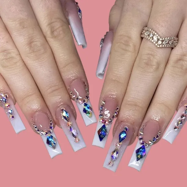 Lasonstiges French Tip Press on Nails Long Square RIICFDD Fake Nails Big Rhinestone Designs False N…