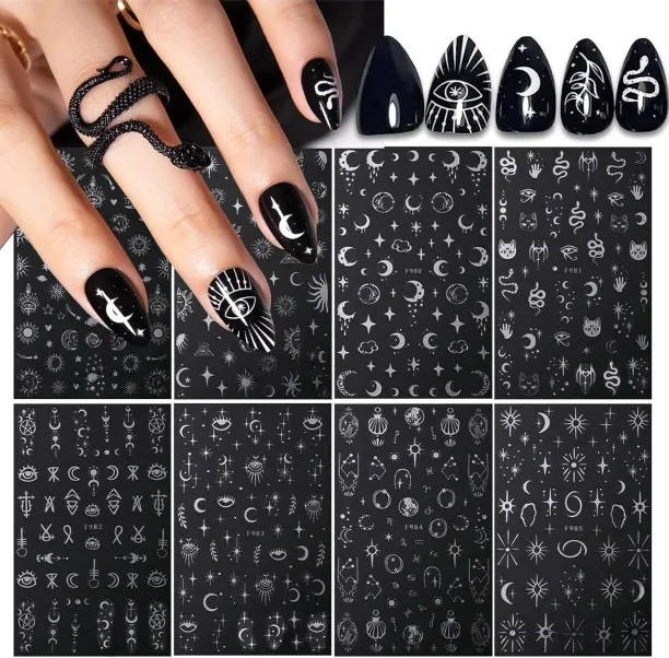 Lasonstiges 8 Sheets Metallic Nail Art Stickers Decals Silver Moon Star Sun Nail Stickers Eye Snake…
