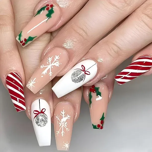 Lasonstiges Christmas Press on Nails Long Square Fake Nails French Tip with Christmas Tree Glue on …