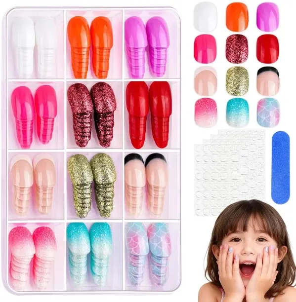 Liangheng 288Pcs short Press On Nails For Kids,12 Colors Kid Fake Nail Kit Cute Press on Nails For …