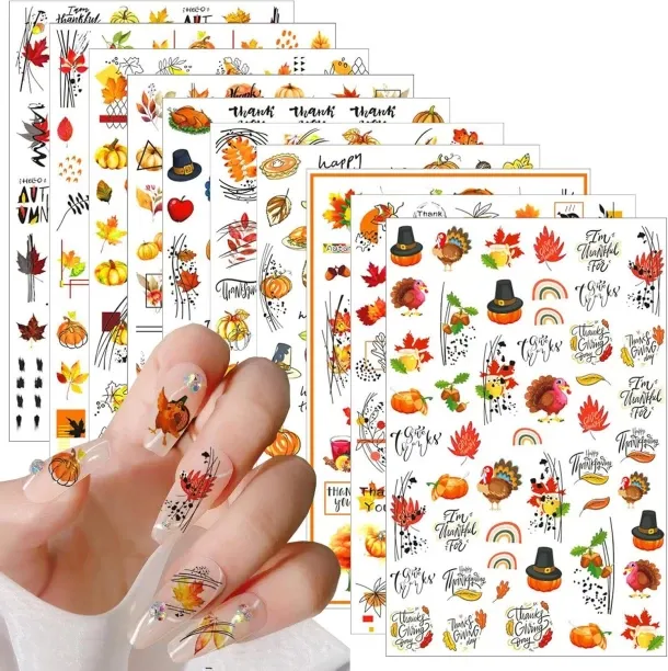 Lasonstiges Fall Nail Art Stickers - 10 Sheets Maple Leaf Nail Art Supplies - 3D Self-Adhesive Nail…