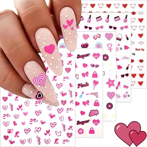 Lasonstiges 8 Sheets Valentine's Day Nail Art Stickers, Charming Heart Lips High Heels 3D Trendy De…