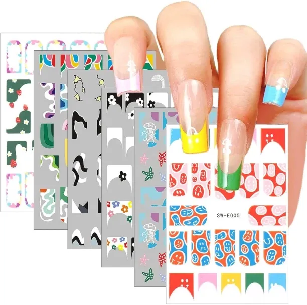Lasonstiges French Tip Nail Stickers Cute Cartoon Flower Nail Art Self-Adhesive Decals Smiling Face…