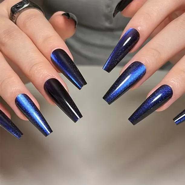 Lasonstiges Blue Press on Nails Long Coffin DOCVOEOMH Fake Nails with Glitter Design Full Cover Shi…