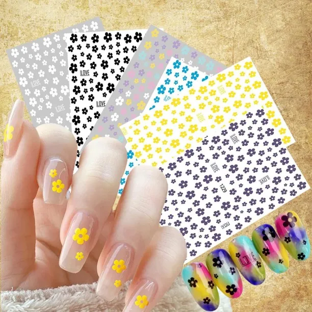 Lasonstiges 6 Sheets Summer Flowers Nail Art Sticker 3D Self-Adhesive Nail Decals Art Design White …