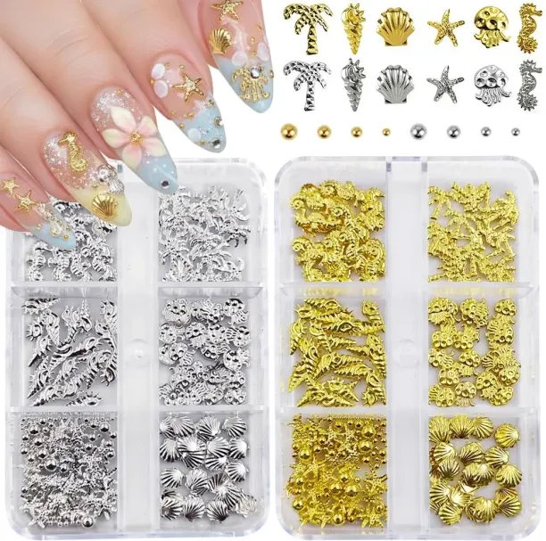 ZZP Nail Charms, 2Boxes Gold Silver Summer Ocean Nail Charms and Gems, Metal Small Seashell Starfis…